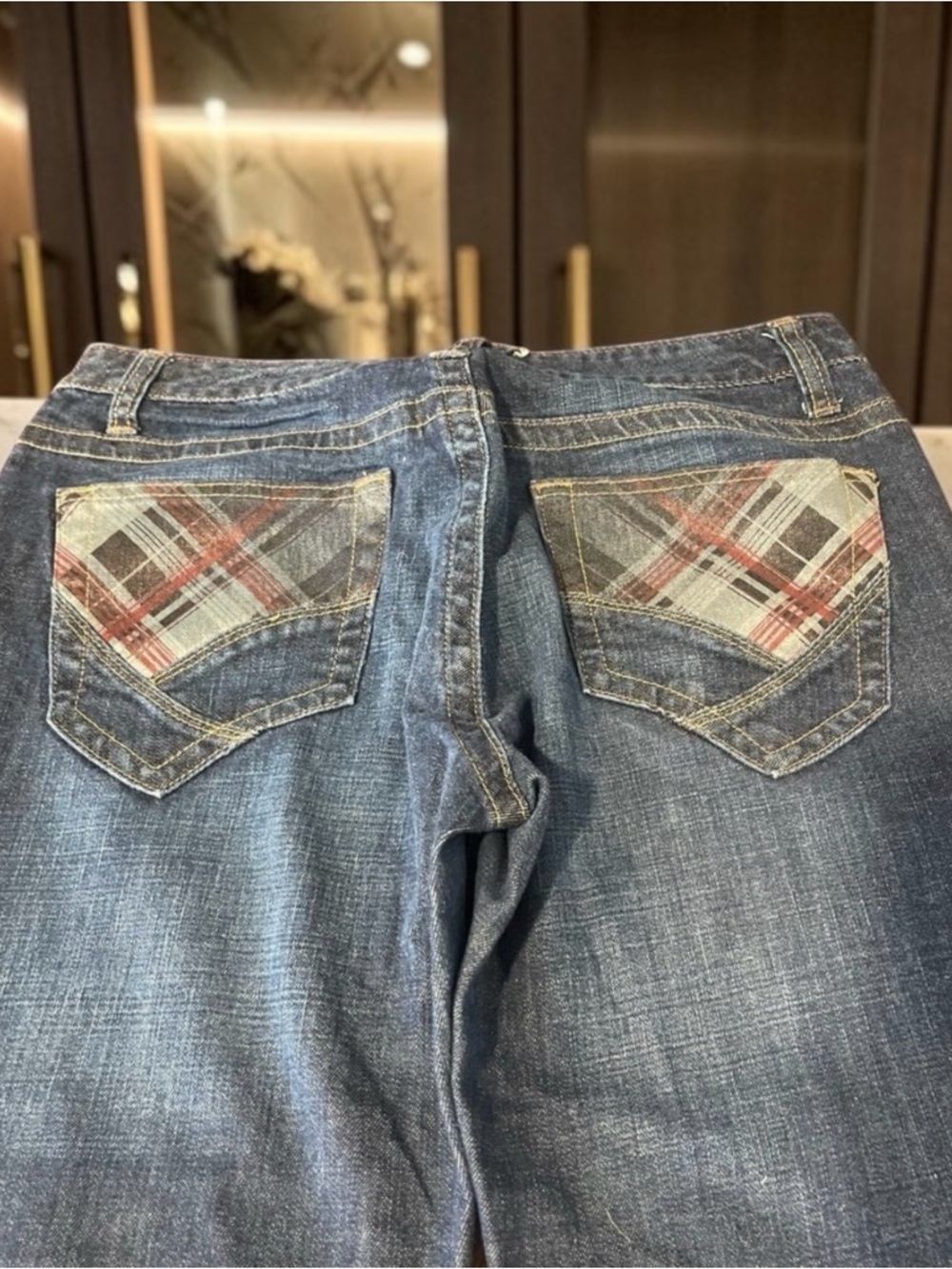 Vintage Upcycle Calvin Klein jeans plaid, low rise flare, wide leg jeans,30 - Picture 1 of 10